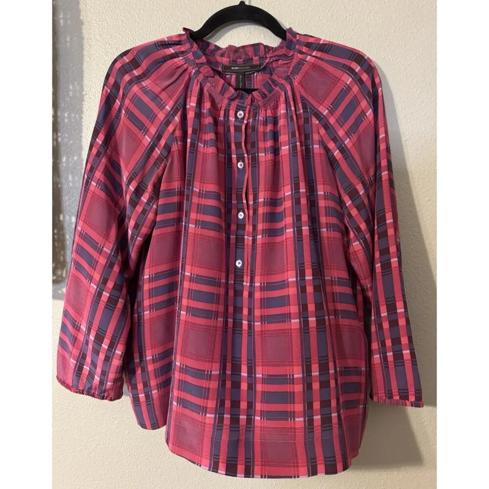 BCBGMAXAZRIA Top Blouse Shirt M Medium SILK Blue Berry Red Plaid Ruffle Trim